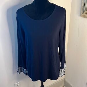 Vince Camuto blue round collar long sleeves checkered wrists top blouse Sz XL